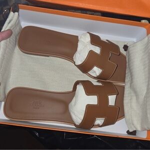 Hermes Brown Oran Leather Slide Sandals